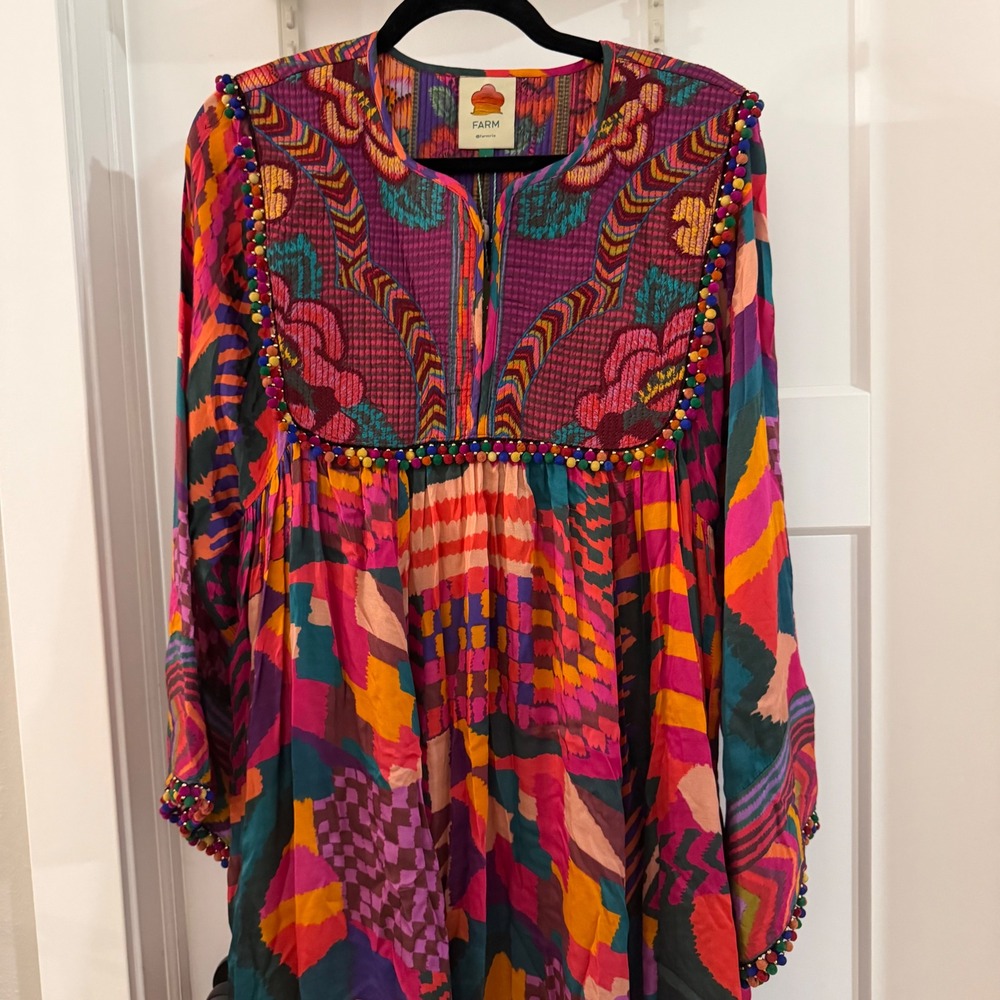 Farm Rio Red Abstract Patches Kaftan Dress Embroidered Pom Pom Maxi Large Boho - Picture 2 of 7